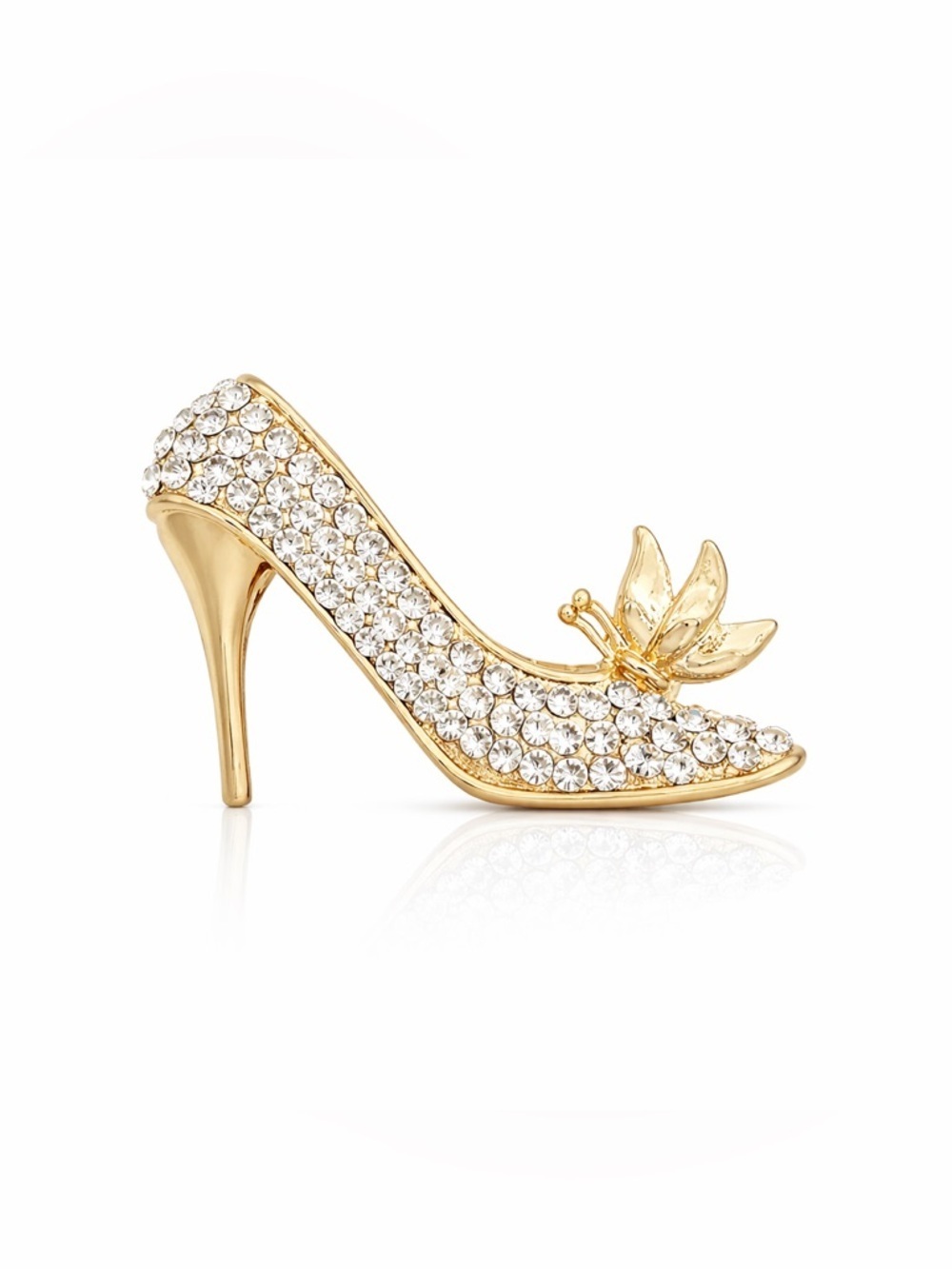 Gold Crystal High Heel Brooch with Butterfly Accent